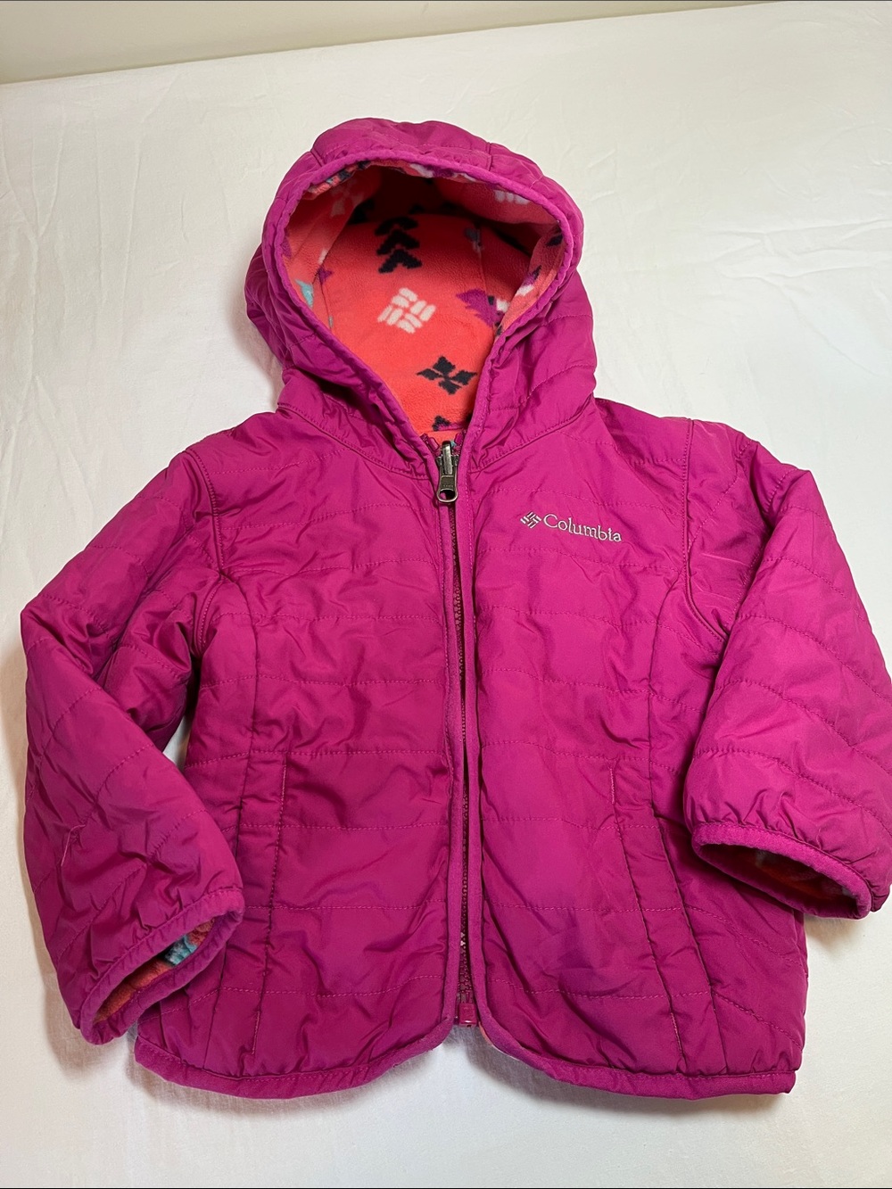 2T Columbia Girls' Magenta Hooded Puffer Jacket reversible